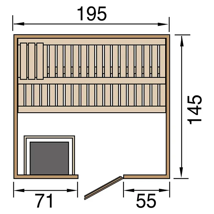 Weka Massivholzsauna KEMI - Mit 7,5 kW Bio-Ofen mit digitaler Steuerung, L x B x H: 188 x 140 x 200 cm - Draufsicht der Sauna mit Maßangaben. Die Sauna hat eine Breite von 195 cm und eine Tiefe von 145 cm.