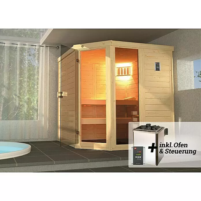 Weka Massivholzsauna Laukkala - Mit 7,5 kW Ofen mit digitaler Steuerung, L x B x H: 186,6 x 138,6 x 200 cm - Ecksaunakabine aus hellem Holz in Innenraum, komplett mit Ofen und Steuerung.