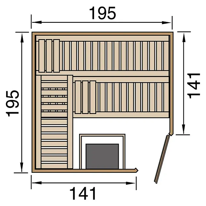 Weka Massivholzsauna TURKU 7,5 kW OS MT Gr.2 - Mit 7,5 kW Ofen mit externer Steuerung, L x B x H: 198 x 205 x 198 cm - Grundriss einer Sauna mit Maßen für die Planung, die Abmessungen sind 195x195 und 141x141 cm.