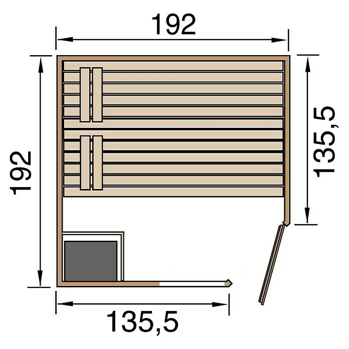 Weka Massivholzsauna Laukkala - Mit 7,5 kW Ofen mit digitaler Steuerung, L x B x H: 186,6 x 186,6 x 200 cm - Draufsicht eines L-förmigen Saunakabinen-Grundrisses mit Holzbänken, Heizung und Abmessungen 192x135,5 Einheiten.