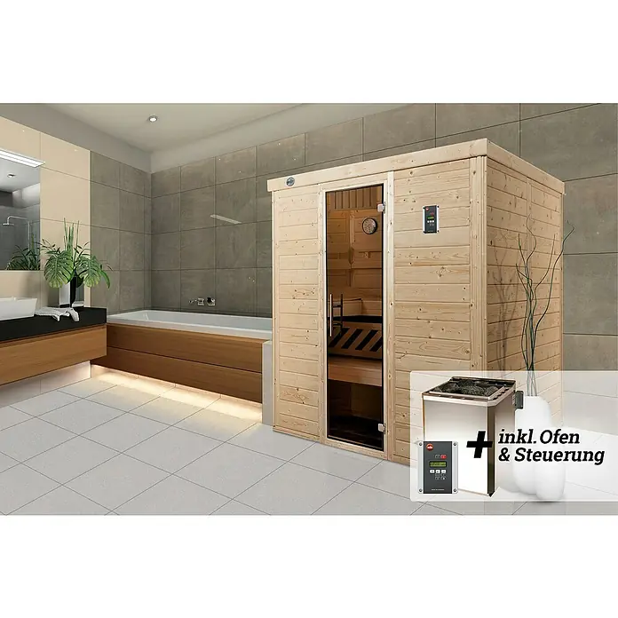 Weka Massivholzsauna KEMI - Mit 7,5 kW Bio-Ofen mit digitaler Steuerung, L x B x H: 188 x 140 x 200 cm - Einrichtung für eine Sauna mit holzgetäfelter Kabine, Steuerung und Ofen. Für entspannte Momente im eigenen Badezimmer.