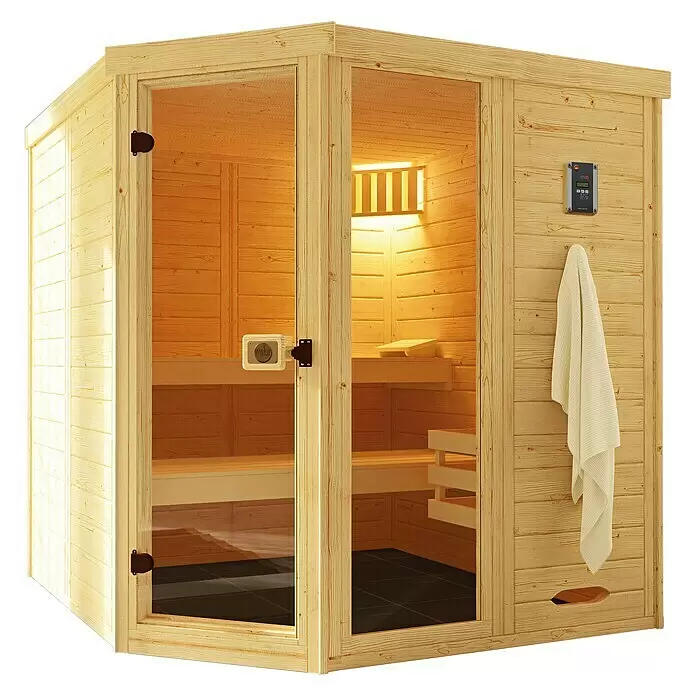 Weka Massivholzsauna Laukkala - Mit 7,5 kW Ofen mit digitaler Steuerung, L x B x H: 186,6 x 186,6 x 200 cm - Eck-Saunakabine aus hellem Naturholz mit Glastür, Innenbänken, Beleuchtung und externem Bedienfeld.