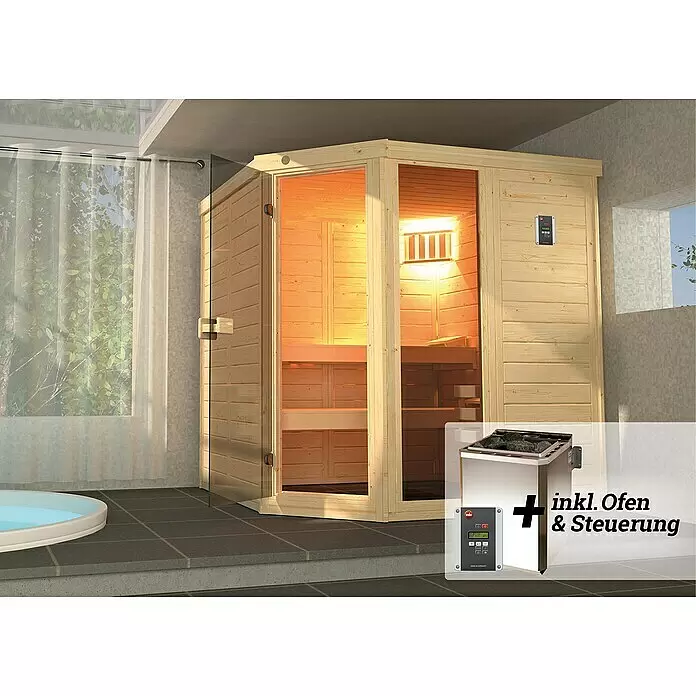Weka Massivholzsauna Laukkala - Mit 7,5 kW Bio-Ofen mit digitaler Steuerung, L x B x H: 186,6 x 138,6 x 200 cm - Holzkabinen-Sauna mit Glastür in modernem Raum mit Whirlpool. Inklusive Ofen und Steuerung in separater Ansicht.
