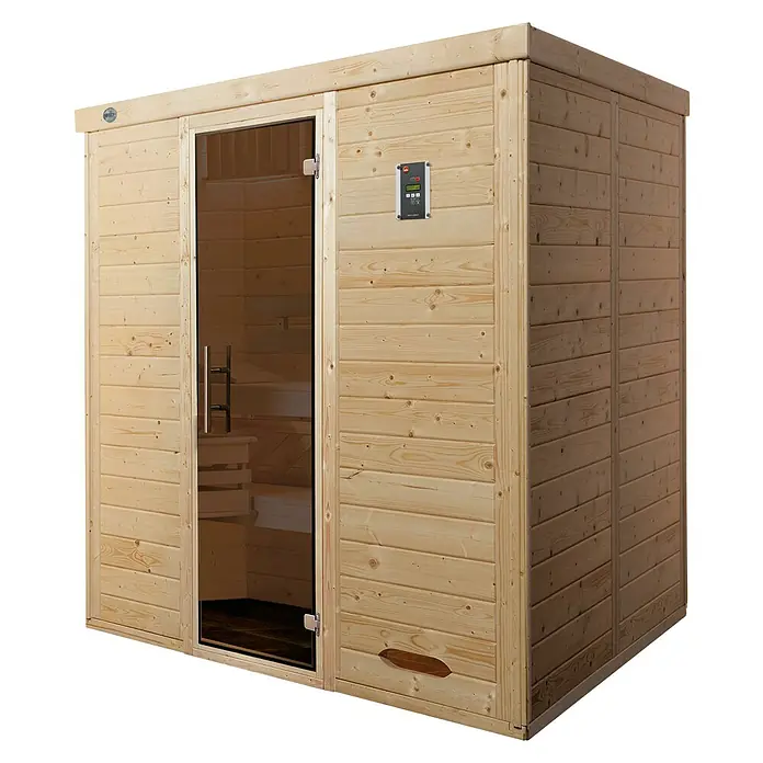 Weka Massivholzsauna KEMI - Mit 7,5 kW Bio-Ofen mit digitaler Steuerung, L x B x H: 188 x 140 x 200 cm - Ein Blick auf eine hochwertige Holzsauna mit Glastür und digitalem Bedienfeld, ideal für entspannende Momente.