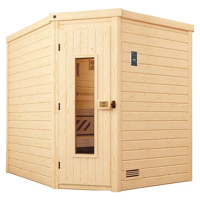 Weka Massivholzsauna TURKU 7,5 kW OS MT Gr.2 - Mit 7,5 kW Ofen mit externer Steuerung, L x B x H: 198 x 205 x 198 cm - Eine helle Holzsauna mit einer Glastür und einem digitalen Bedienfeld an der Außenwand. Die Sauna ist aus hellem Holz gefertigt.