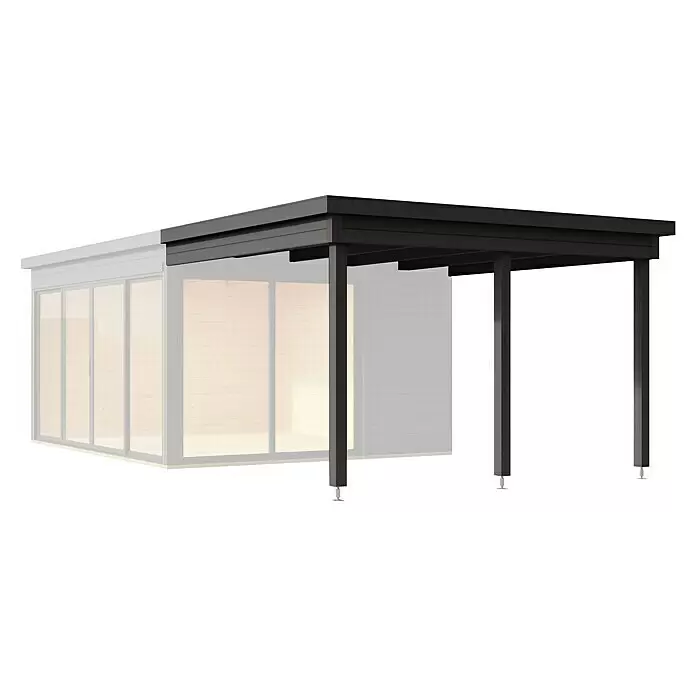 Weka Gartenhaus-Anbau - Passend für: Weka Gartenhaus 412 Gr. 2 - Dunkelgraues modernes Carport oder Terrassenüberdachung mit vier Pfosten, an hellgrauen Gartenraum angebaut.
