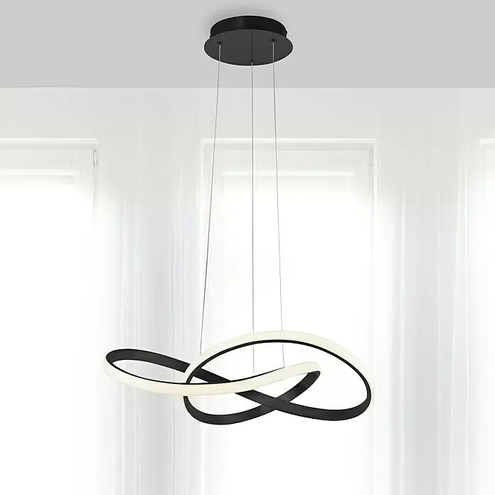 Just Light LED-Pendelleuchte - 29,5 W, L x B x H: 57 x 57 x 120 cm, Schwarz, Tageslichtweiß - Moderne schwarze LED-Pendelleuchte mit abstraktem, verschlungenem Design, von der Decke in einem Raum hängend.