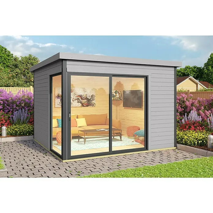 Weka Gartenhaus 412 - Außenmaß inkl. Dachüberstand (B x T): 319,6 x 319,6 cm, Holz, Hellgrau - Das Bild zeigt ein modernes Gartenhaus mit großen Glasfenstern, umgeben von bunten Blumen und einem gepflasterten Weg.