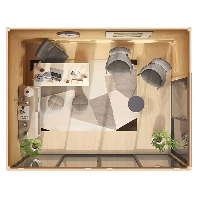 Weka Gartenhaus 412 - Außenmaß inkl. Dachüberstand (B x T): 437,6 x 341,5 cm, Holz, Hellgrau - Draufsicht auf ein modernes, holzgetäfeltes Büro/Lounge mit Schreibtisch, Laptop, grauen Stühlen, geometrischem Teppich und Pflanzen.