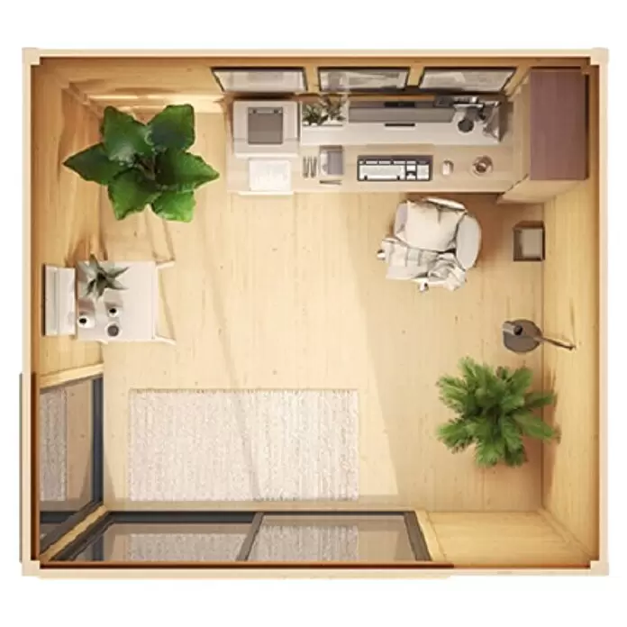 Weka Gartenhaus 412 - Außenmaß inkl. Dachüberstand (B x T): 319,6 x 319,6 cm, Holz, Natur - Blick von oben auf ein kompaktes Home Office aus Holz mit Schreibtisch, Computer, Bürostuhl, Pflanzen und großen Fenstern, optimiert für Produktivität.