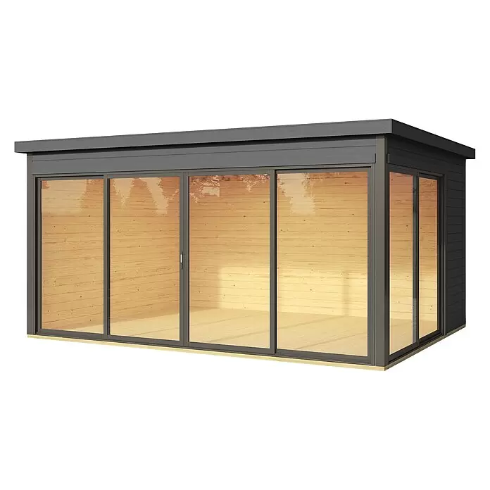 Weka Gartenhaus 412 - Außenmaß inkl. Dachüberstand (B x T): 437,6 x 341,5 cm, Holz, Graphitgrau - Modernes, dunkelgraues Gartenhaus mit großen Glasschiebetüren und Holzausstattung.