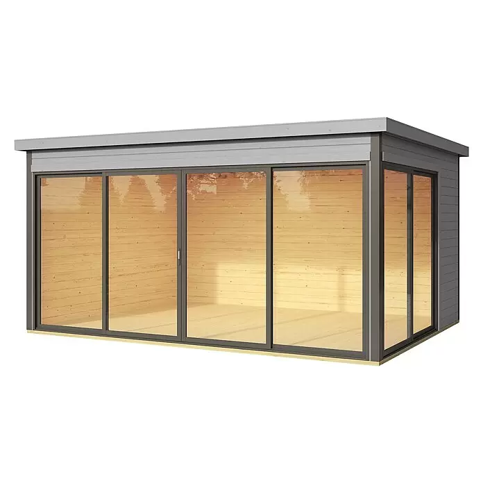 Weka Gartenhaus 412 - Außenmaß inkl. Dachüberstand (B x T): 437,6 x 341,5 cm, Holz, Hellgrau - Modernes Gartenhaus mit hellem Holzinterieur, dunkelgrauen Glasschiebetüren und hellgrauer Außenverkleidung.