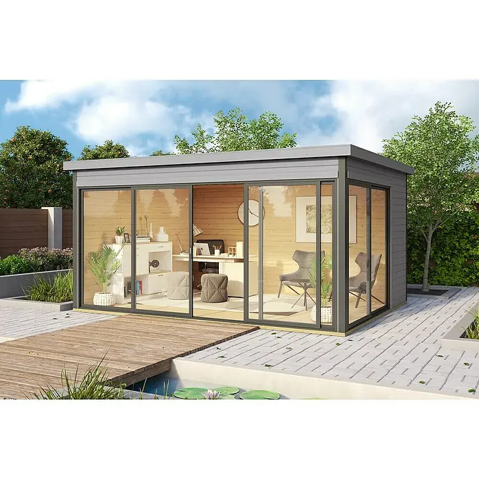 Weka Gartenhaus 412 - Außenmaß inkl. Dachüberstand (B x T): 437,6 x 341,5 cm, Holz, Hellgrau - Dieses Bild zeigt ein modernes Gartenbüro mit grossen Glasschiebetüren und einer stilvollen Inneneinrichtung.