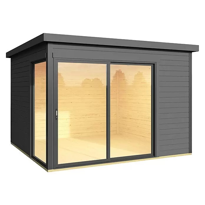 Weka Gartenhaus 412 - Außenmaß inkl. Dachüberstand (B x T): 319,6 x 319,6 cm, Holz, Graphitgrau - Dunkelgraues modernes Gartenhaus mit großen Glasschiebetüren, das ein helles Holzinterieur zeigt.