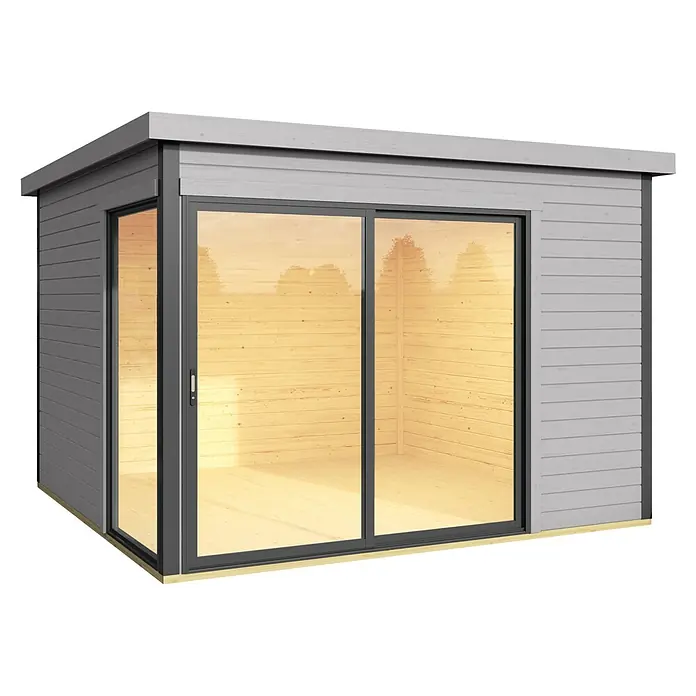 Weka Gartenhaus 412 - Außenmaß inkl. Dachüberstand (B x T): 319,6 x 319,6 cm, Holz, Hellgrau - Moderne Gartenhütte mit horizontaler Holzverkleidung und großen Glasschiebetüren, die viel natürliches Licht hereinlassen und einen stilvollen Außenbereich schaffen.