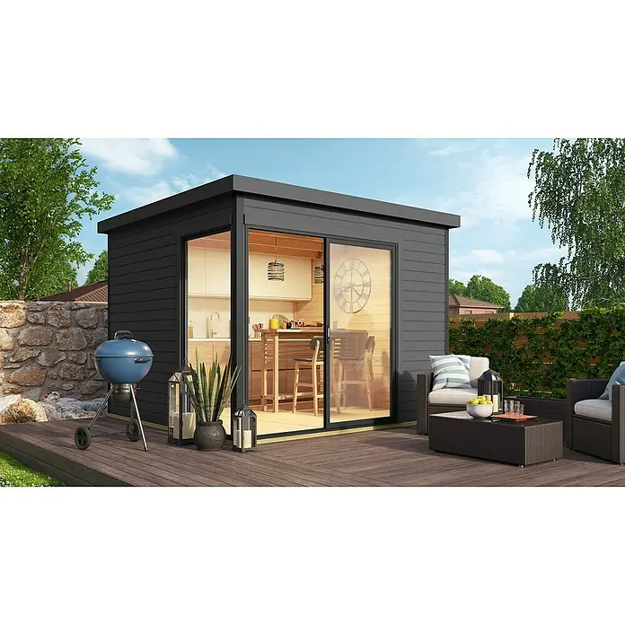 Weka Gartenhaus 412 - Außenmaß inkl. Dachüberstand (B x T): 319,6 x 319,6 cm, Holz, Graphitgrau - Ein modernes Gartenhaus mit Schiebetüren, das als stilvolle Outdoor-Küche und Wohnbereich dient, komplett mit Grill und komfortablen Sitzgelegenheiten.