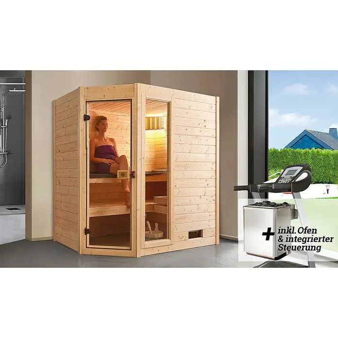 Weka Massivholzsauna Valida - Mit 5,4 kW Ofen mit integrierter Steuerung, L x B x H: 187 x 137 x 203,5 cm, Anzahl Fenster: 1 Stk. - Moderne Sauna mit Glasfront und integriertem Ofen für entspannende Momente.