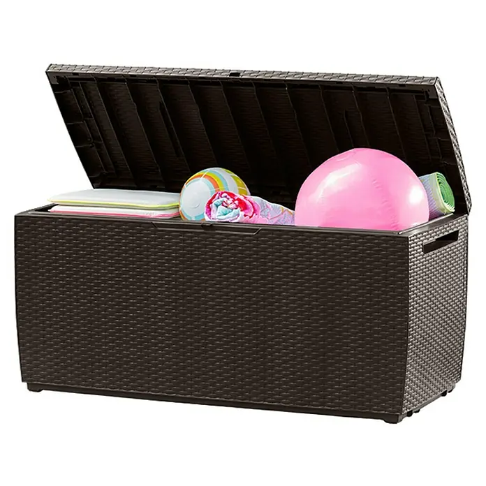 Keter Baúl para jardín Capri - 54 x 123 x 57 cm, Marrón - Caja de jardín llena de malla de plástico oscuro para guardar accesorios de jardín y juguetes de exterior.