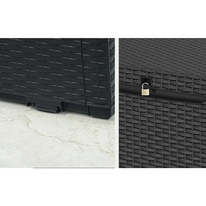 Keter Baúl para jardín Capri - 54 x 123 x 57 cm, Marrón - Primer plano de un mueble de exterior negro con patrón de mimbre, asegurado con un candado y movible sobre ruedas.