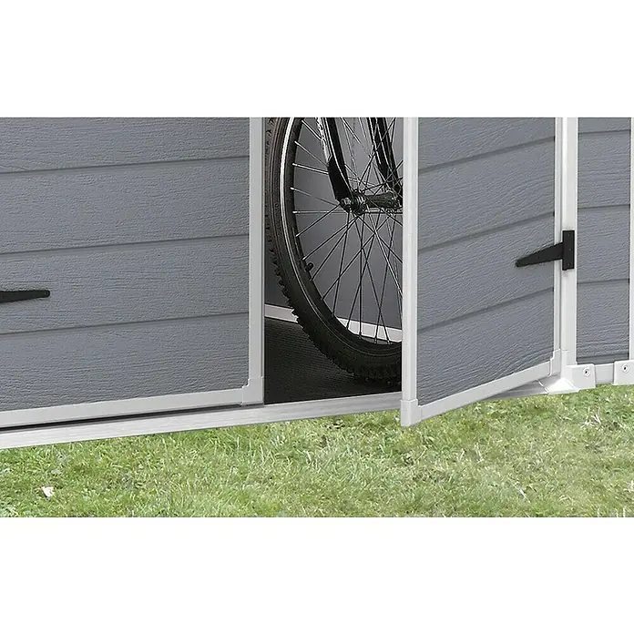 Keter Caseta de jardín Manor 65DD - Medidas ext. (An x Pr): 185 x 152 cm, Antracita/Blanco, Plástico, Área: 2,8 m² - Imagen de una caseta de jardín gris con una puerta abierta y una bicicleta dentro.