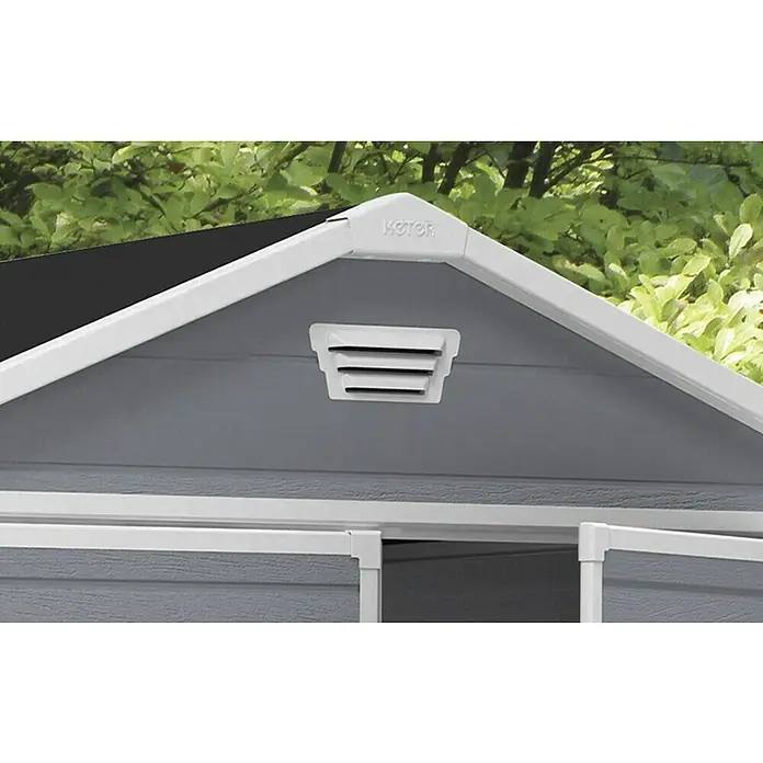 Keter Caseta de jardín Manor 65DD - Medidas ext. (An x Pr): 185 x 152 cm, Antracita/Blanco, Plástico, Área: 2,8 m² - Un primer plano de una caseta Keter, mostrando un respiradero debajo del gablete y la marca Keter en la pieza de la esquina.