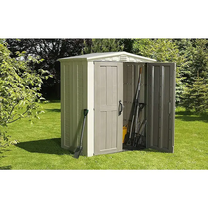 Keter Caseta de jardín Factor 6X3 - Beige/Marrón, Plástico, Área: 2,02 m² - Cobertizo de jardín abierto en el césped.