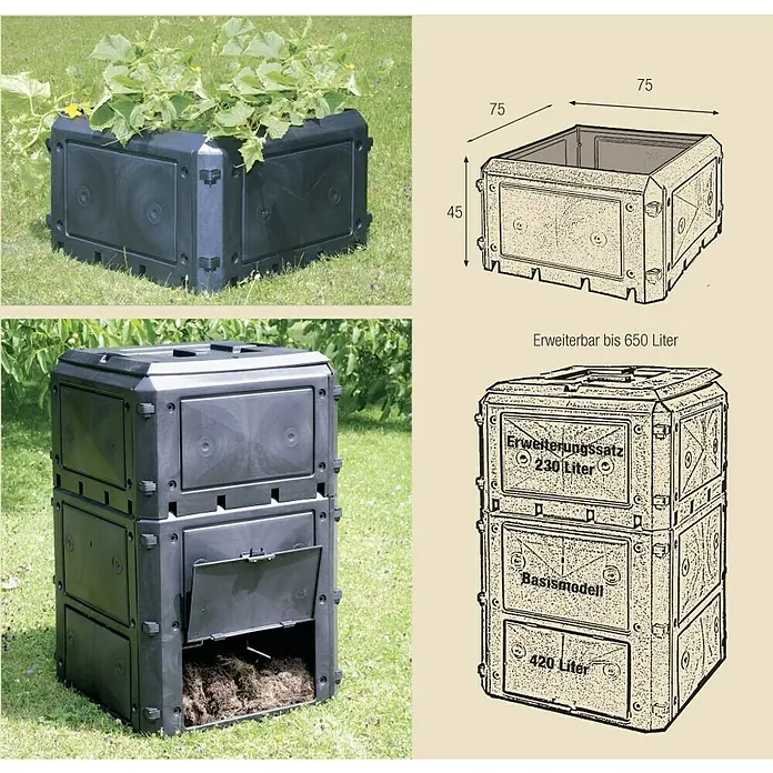 KHW Komposter-Anbauteil Bio-Quick 230 - KHW Komposter Bio-Quick, L x B x H: 75 x 75 x 45 cm - Modulares Kompostsystem, erweiterbar bis 650 Liter, mit verschiedenen Konfigurationen als Hochbeet oder Kompostbehälter.