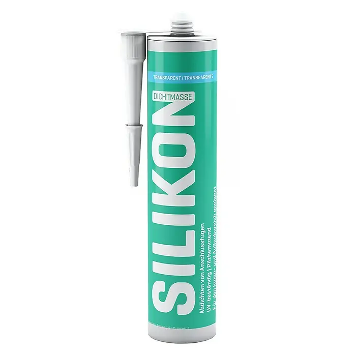 Sanitär-Silikon - Transparent, 300 ml - Produktaufnahme einer transparenten Silikon-Dichtmasse in einer grünen Kartusche, ideal für Innen- und Außenanwendungen.