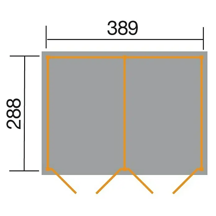 Weka Gartenhaus 607 Variante 3 - Außenmaß inkl. Dachüberstand (B x T): 408 x 318 cm, Holz - Produktansicht mit Maßangaben (389 x 288 mm). Diese Abbildung zeigt detaillierte Produktabmessungen für eine genaue Planung und Konstruktion.