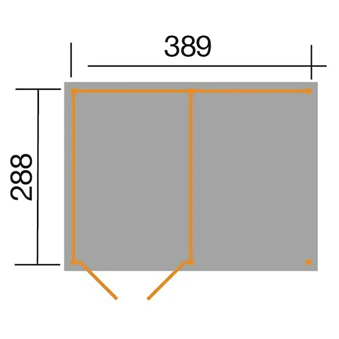 Weka Gartenhaus 607 Variante 1 - Außenmaß inkl. Dachüberstand (B x T): 408 x 318 cm, Holz, Kesseldruckimprägniert - Grundriss mit den Maßen 389 und 288. Ideal für die Planung Ihres nächsten Projekts. Genauigkeit für beste Ergebnisse.