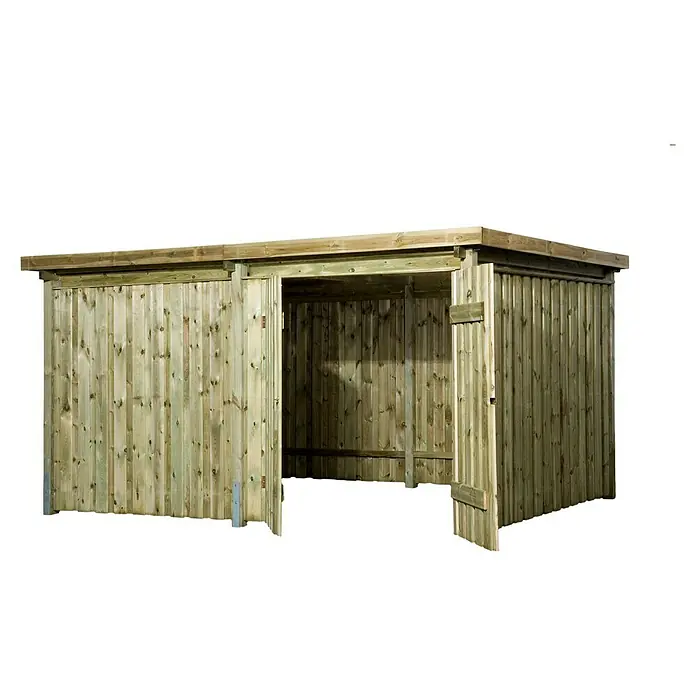 Weka Gartenhaus 607 Variante 4 - Außenmaß inkl. Dachüberstand (B x T): 408 x 318 cm, Holz, Kesseldruckimprägniert - Abbildung eines Holzschuppens, der für die Lagerung von Gartengeräten oder Brennholz genutzt werden kann. Er ist robust und wetterfest.