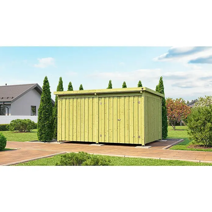 Weka Gartenhaus 607 Variante 4 - Außenmaß inkl. Dachüberstand (B x T): 408 x 318 cm, Holz, Kesseldruckimprägniert - Ein gelbes Holzgartenhaus steht vor einer grünen Rasenfläche und Sträuchern. Es bietet Stauraum und fügt sich gut in die Gartenumgebung ein.