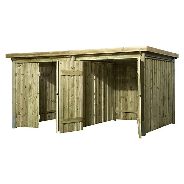 Weka Gartenhaus 607 Variante 3 - Außenmaß inkl. Dachüberstand (B x T): 408 x 318 cm, Holz - Ein geräumiger Holzschuppen mit zwei Abteilen und offenen Türen, ideal zur Aufbewahrung von Gartengeräten und -möbeln im Freien.