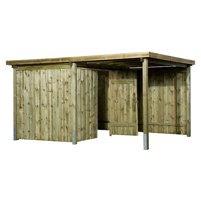 Weka Gartenhaus 607 Variante 1 - Außenmaß inkl. Dachüberstand (B x T): 408 x 318 cm, Holz, Kesseldruckimprägniert - Das Bild zeigt einen geräumigen, unbehandelten Holzschuppen mit einer Tür, ideal für die Lagerung im Freien und als Unterstand.