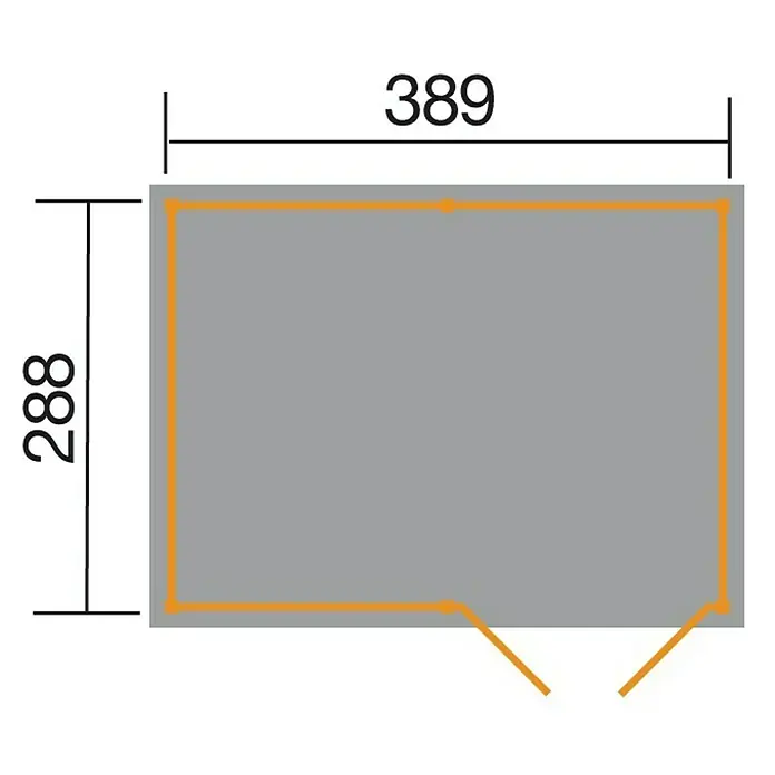 Weka Gartenhaus 607 Variante 4 - Außenmaß inkl. Dachüberstand (B x T): 408 x 318 cm, Holz, Kesseldruckimprägniert - Draufsicht einer grauen Kabine mit orangefarbenen Umrissen und den Maßen 389 x 288 mm, die die Produktabmessungen hervorhebt.