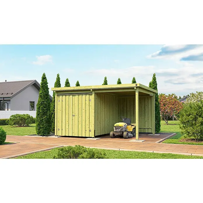 Weka Gartenhaus 607 Variante 1 - Außenmaß inkl. Dachüberstand (B x T): 408 x 318 cm, Holz, Kesseldruckimprägniert - Geräumiges Gartengerätehaus aus Holz mit Schiebetür und Rasentraktor zur Aufbewahrung von Gartengeräten.