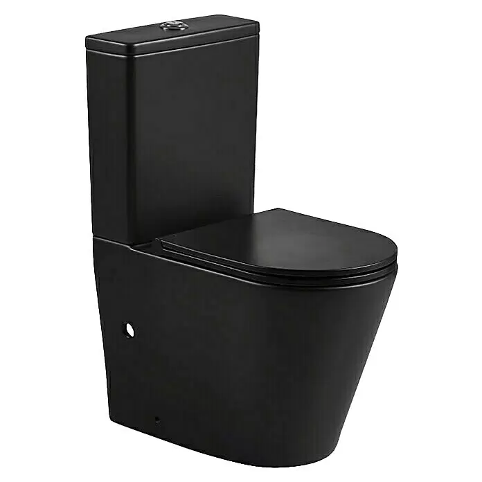 Pack de WC Roma - Salida WC: Vertical, Sin borde de descarga, Negro - Inodoro monobloc negro mate moderno con acabado liso.
