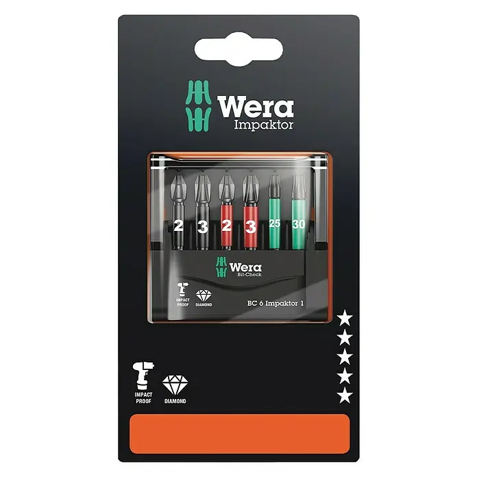 Wera Bit-Set Mini-Check Impaktor 4 - 6 -tlg. - Bild einer Wera Impaktor Bit-Check-Box mit diversen Schrauberbits, die für hohe Beanspruchung und lange Lebensdauer ausgelegt sind.