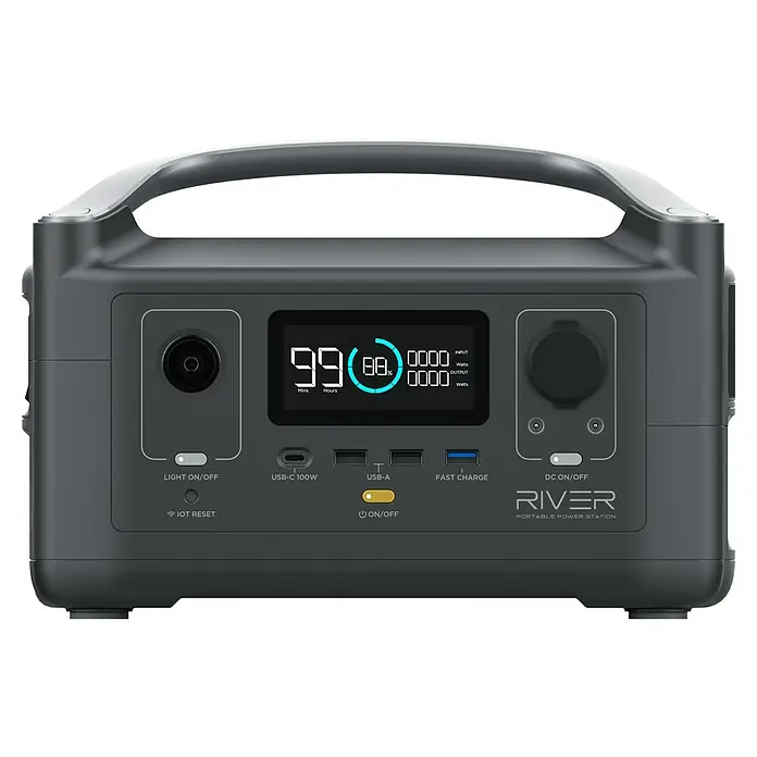 EcoFlow Estación de energía portátil River 600 - 288 Wh, Negro - Imagen de una central eléctrica portátil RIVER, con una pantalla LCD que muestra la potencia de entrada/salida y los niveles de batería.
