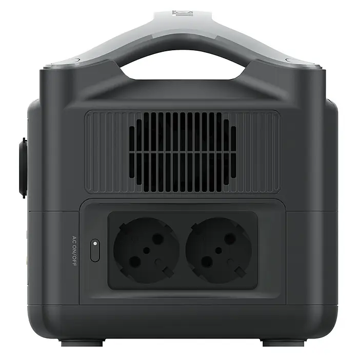 EcoFlow Estación de energía portátil River 600 - 288 Wh, Negro - Primer plano de un generador de energía portátil negro con asa y dos tomas de corriente para uso exterior o emergencias.