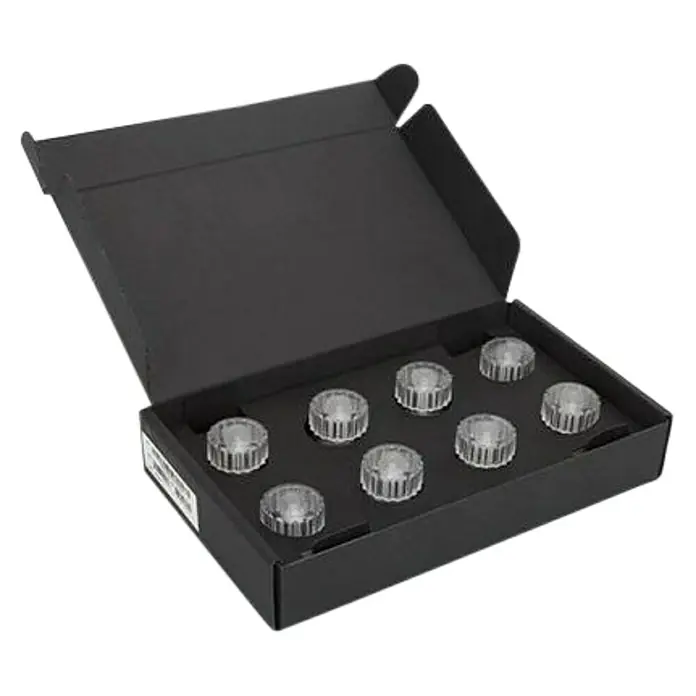EcoFlow Saugnapf - Farblos, 8 Stk., Höhe: 3 cm, Durchmesser: 4,5 mm - Eine schwarze Schachtel mit acht klaren, geriffelten Behältern. Ideal für Kosmetik- oder Kerzenprodukte.