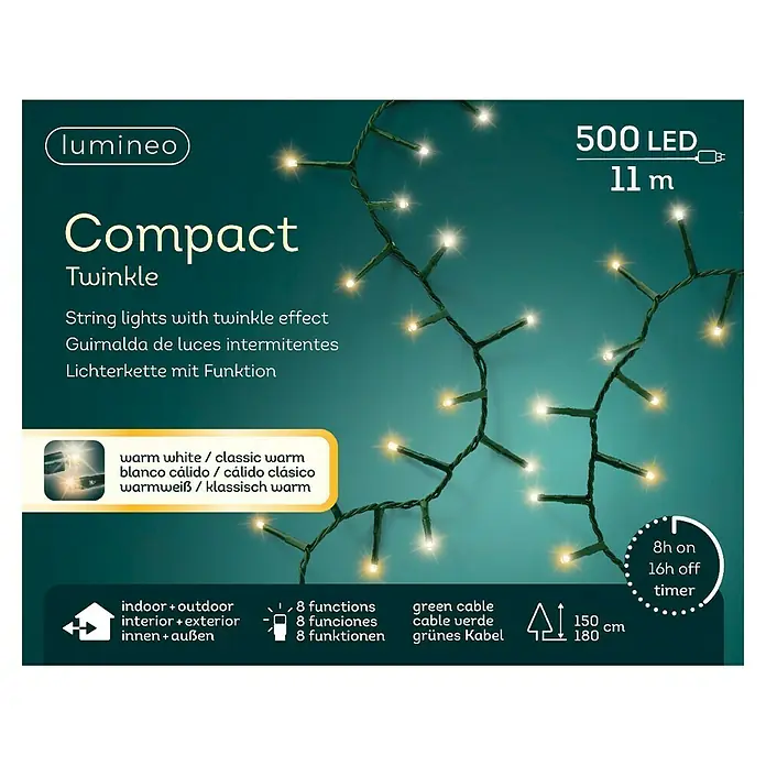 Guirnalda navideña Compact - Para exterior, Número de bombillas: 500 ud., 11 m, Blanco cálido - Guirnalda de luces compacta con 500 LEDs y luz blanca cálida para interior/exterior, con función de temporizador y cable verde.
