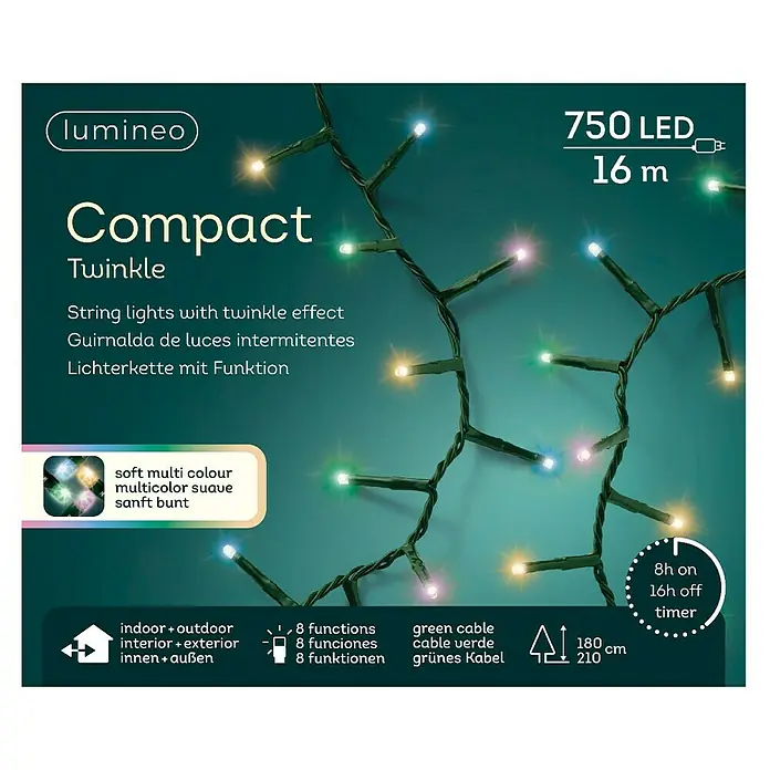 Guirnalda luminosa LED Compact - Para exterior, Color de luz: Multicolor, Número de bombillas: 750 ud., 16 m - Imagen de una guirnalda de luces Lumineo Compact Twinkle con 750 LED y una longitud de 16 m, apta para interiores y exteriores.