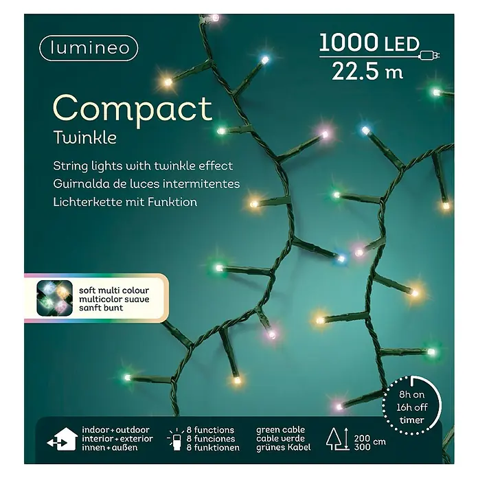 Guirnalda luminosa LED Compact - Para exterior, Color de luz: Multicolor, Número de bombillas: 1.000 ud., 22,5 m - Imagen del producto de las luces compactas Lumineo con 1000 LED, efecto twinkle, aptas para interiores y exteriores, con función de temporizador y cable verde.