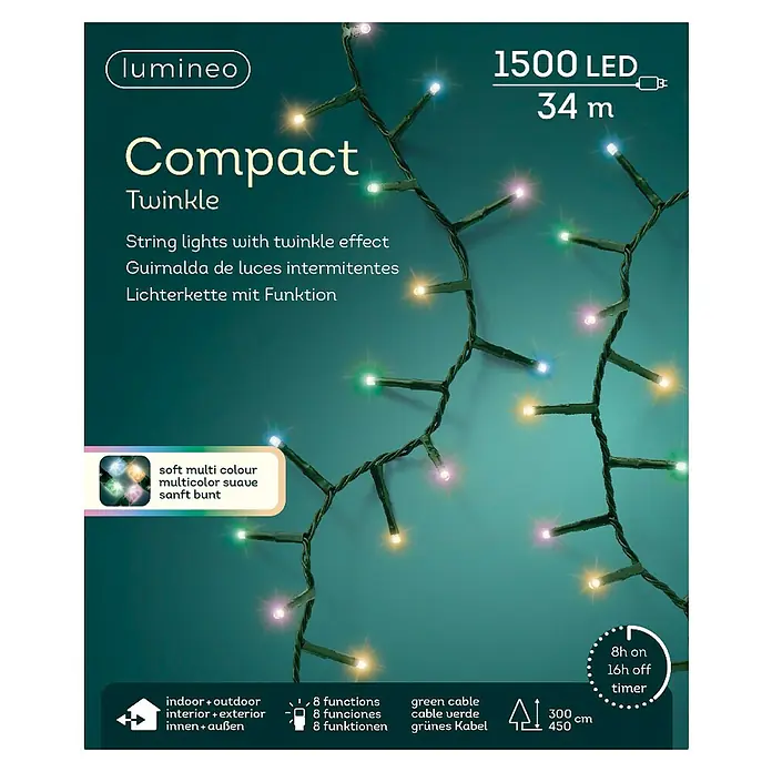 Guirnalda luminosa LED Compact - Para exterior, Color de luz: Multicolor, Número de bombillas: 1.500 ud., 34 m - Imagen de una guirnalda de luces Lumineo Compact con 1500 LEDs y 34 m de longitud, con luces multicolores y función de temporizador.