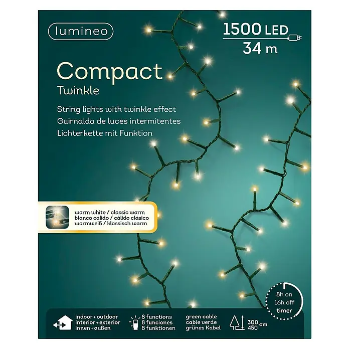 Guirnalda navideña Compact - Para exterior, Número de bombillas: 1.500 ud., Funcionamiento en red, 34 m, Blanco cálido - Imagen del producto con guirnaldas de luces "Lumineo Compact Twinkle" con 1500 LED y luz blanca cálida para uso interior y exterior.