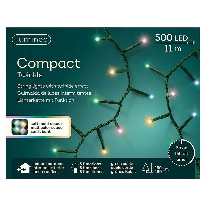 Guirnalda luminosa LED Compact - Para exterior, Color de luz: Multicolor, Número de bombillas: 500 ud., 11 m - Guirnalda de luces Lumineo Compact "Twinkle" con 500 LEDs, longitud de 11m, apta para uso interior/exterior, 8 funciones y cable verde.
