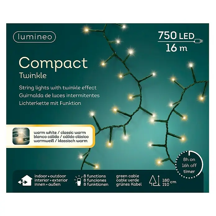 Guirnalda navideña Compact - Para exterior, Número de bombillas: 750 ud., 16 m, Blanco cálido - Imagen de una guirnalda de luces Lumineo "Compact Twinkle" con 750 LEDs, luz blanca cálida, apta para interiores y exteriores.