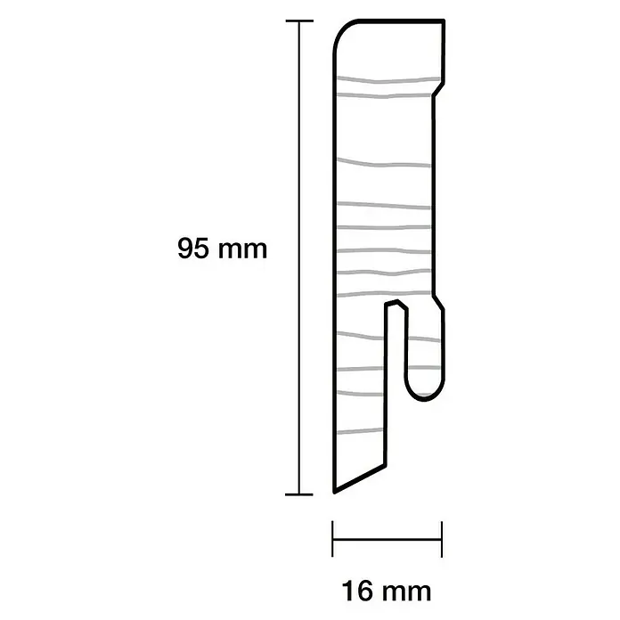 Sockelleiste - 240 cm x 16 mm x 95 mm, Fichte, Weiß, Lackiert - Illustration eines Kunststoff-Kleiderbügelclips mit den Maßen 95 mm hoch und 16 mm breit.