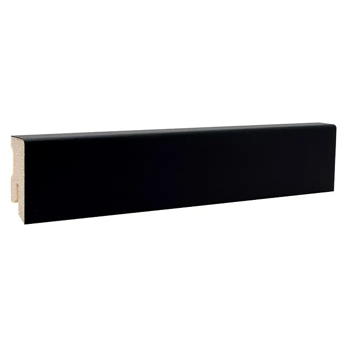 Sockelleiste - 240 cm x 16 mm x 40 mm, Fichte, Lackiert, Schwarz - Schwarze Fußleiste mit einer glänzenden Oberfläche, ideal für moderne Innenräume. Ihre elegante Form passt zu jedem Bodenbelag.